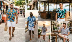 A photo-realistic compact horizontal collage presenting four unique perspectives (walking, sitting, detail close-up, expression) of the man in white shorts.