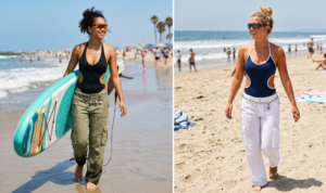 A vertical split-screen collage with a photorealistic, active Y2K beach aesthetic. On the left, Sarah, a woman with dark curly hair tied back, stands barefoot on wet sand holding a teal and white paddleboard. She wears a black halter monokini with a cutout waist and low-rise baggy olive green linen cargo pants with a chain belt and sporty sunglasses. On the right, Emma, a woman with blonde sun-kissed hair in a messy bun, stands barefoot on dry sand, smiling toward the left. She wears a navy blue halter monokini with white trim and low-rise baggy white linen cargo pants with a chain belt and dark sporty sunglasses.