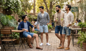 Four photos of a man in different combinations of denim shorts and hoodies in outdoor settings.