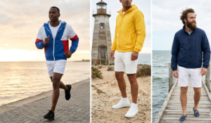 A photo-realistic 2x2 horizontal grid with close-up focus on four distinct elements: a gear texture, a specific pose detail, a different top on the man, and a landscape with gear, emphasizing the white shorts.