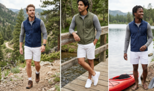 A photo-realistic mixed row-column collage with a large detailed image of the full outfit (man walking) and smaller panels highlighting different outfit and gear features, like the fabric of white shorts, the texture of a technical top, and a scenic trail with a pack.