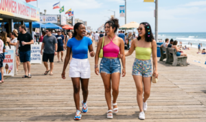 "Three diverse friends walk happily along the water's edge on a sunny, tropical beach, showcasing various beachwear."