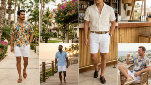 A photo-realistic compact 2x2 vertical grid where each square features the same man in white shorts and performance top, but wearing a different technical vest, showing color and detail variation.