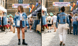 A composite diptych image with two views of a young woman at an outdoor vintage market on a cobblestone street. The left panel shows her from the front, smiling and holding a small straw bag. She has long wavy hair and wears a striking multi-pattern patchwork denim jacket (multi-tone denim, white, and floral fabric panels) over a red plaid mini-skirt and chunky black platform boots. An overhead banner reads 'VINTAGE FINDS MARKET SUMMER 2026'. The right panel is a back view of the same woman, walking away with her hair in a messy bun. This view highlights the back of the denim jacket, which features detailed floral embroidery, a geometric pattern, and the text 'EST. 2026' embroidered across the back yoke. She wears white, relaxed-fit cargo pants, tan suede sandals, and has a canvas crossbody bag with text. The background in both panels is a bustling summer market with clothing racks, other shoppers, and text on stalls including 'RETRO RELICS' and 'ARTISAN GOODS'.