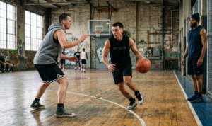 A natural daylight photograph capturing three men in a gritty urban indoor basketball court, dribbling and standing naturally by the sidelines.