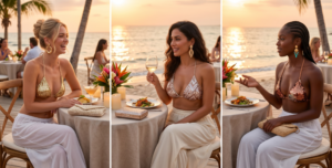 A vertical split-screen triptych composed of three candid vertical photos, side-by-side, showcasing three distinct women at a glamorous beachside dinner patio at sunset. The wooden deck sets the scene against sparkling ocean waves under a warm golden hour glow. Left panel: blonde woman (late 20s, updo) laughs joyfully, seated at a table. Wearing a gold sequin-embellished string bikini top and low-rise, wide-leg white chiffon beach pants, with large gold statement hoop earrings, holding a beaded clutch bag. Middle panel: different woman (Middle Eastern, 30s, wavy dark hair) smiles warmly, holding a wine glass. Wearing a rose gold/silver sequin bikini top and cream wide-leg chiffon pants, gold statement drop earrings, metallic clutch bag on the table. Right panel: third woman (Black, late 20s, braids) looks left, gesturing with a hand. Wearing a copper/bronze sequin bikini top and wide-leg white chiffon pants, gold/turquoise statement earrings, woven straw clutch bag. Candid interactions, flickering candles, tropical floral arrangements, elegant patio ambiance, highly detailed sequins and sheer chiffon.