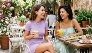 A candid street photograph of a busy Manhattan intersection at sunset, with yellow taxis, pedestrians crossing the street, neon signs glowing, and historic brick buildings lining the street.