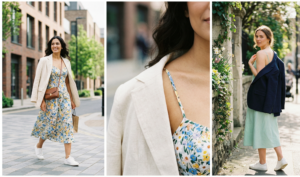 A natural and high-fashion-inspired three-panel photo composite. Panel 1 shows a woman walking on an urban street with a floral midi sundress and draped blazer. Panel 2 is a close-up detail of the blazer and dress. Panel 3 shows a different woman with a solid pastel sundress and draped blazer.
