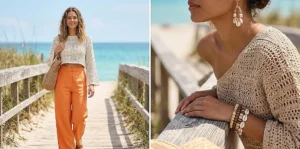 SEO-optimized composite image of women in Y2K boho beachwear: a model in a crochet crop top and linen trousers, and a detail of shell accessories.