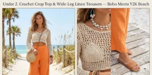 A three-panel image illustrates a tropical floral skirt and tank top outfit, showing front, full, and back views with a city skyline, capturing Y2K style for resort wear.