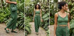 A three-panel image features a woman in a floral bikini at a pool and a green mesh top over the bikini from the back, capturing Y2K swim resort style.