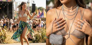 Women's festival fashion on display in a two-panel composite, featuring a dancing model in a jungle skirt and rhinestone top, and a detail of intricate rhinestone accessories.