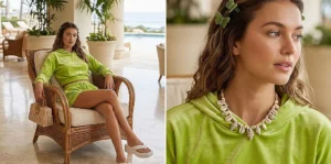 Women's luxe tropicalcore fashion in a resort lounge: a model in a lime green velour set and a detail of butterfly clips and a shell necklace.