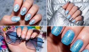 Four-grid collage of Y2K inspired frosty ice blue and reflective silver chrome nail art, featuring starbursts, chrome tips, and metallic styling.