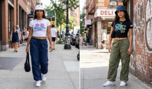 Two women modeling a sporty-chic 2000s fashion look with swishy baggy parachute pants, cropped graphic baby tees, classic white skate shoes, and bucket hats.