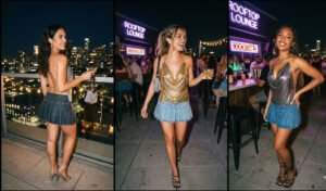 A 3-panel night out collage featuring women wearing glamorous metallic chainmail cowl neck tops and pleated denim micro mini skirts styled with square-toe heels.
