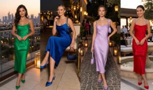 A 4-panel grid showing elegant summer evening outfits featuring women in jewel-tone and pastel satin slip dresses upgraded with thick rhinestone chain straps.