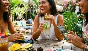 A group of friends at a sunlit outdoor patio showing off their bright, solid neon lime green manicures while holding tropical summer drinks.