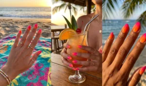A 3-panel collage showing a Tropicalcore sunset ombre manicure with bright orange, pink, and yellow gradients, featuring hands resting on a beach towel and holding a tropical drink.