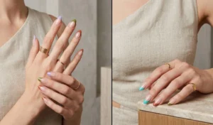 A 2-panel split showing high-fashion color-blocked negative space nails with glossy clear bases and geometric blocks of lavender and terracotta, paired with minimalist gold rings.