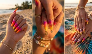 A collage of three images showing tropical sunset ombre nails blending neon orange and yellow, uniquely styled with early 2000s dangling metal nail piercings and seashell charms.