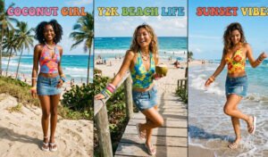 A 3-panel fashion collage of diverse women wearing early 2000s Y2K tropicalcore outfits, featuring bright hibiscus print halter tops, low-rise denim micro skirts, chunky plastic bangles, and platform flip-flops on a sunny beach.