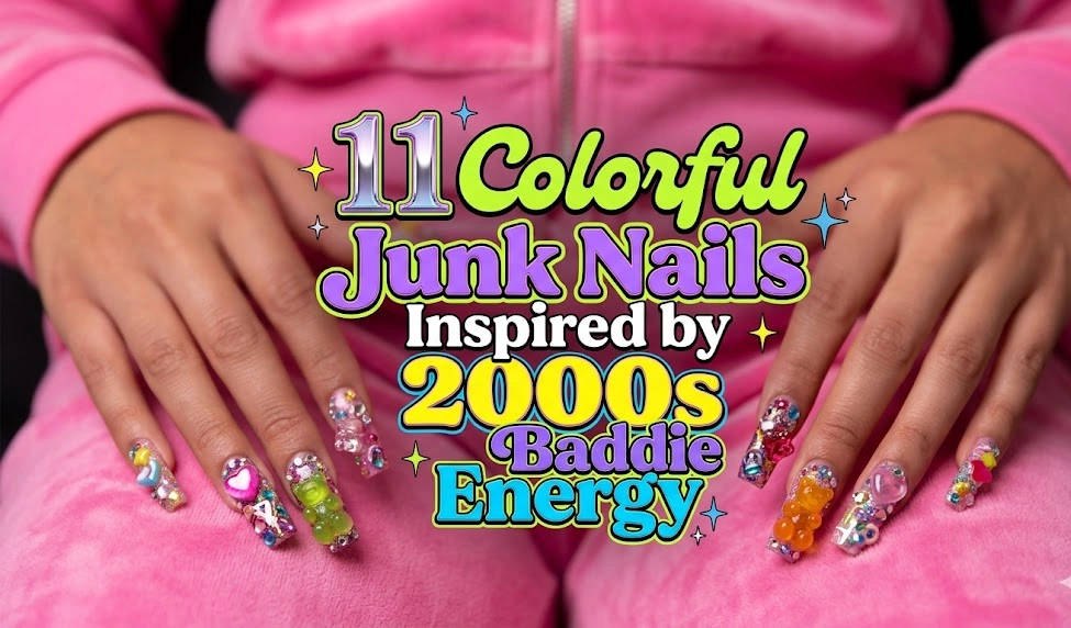 A vibrant feature image displaying colorful maximalist 3D junk nails on a pink velour background, with the title "11 Colorful Junk Nails Inspired by 2000s Baddie Energy" written across the center.
