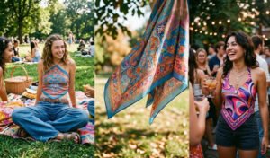 A 3-panel collage of a woman modeling a printed silk handkerchief hem halter top with baggy denim jeans for a breezy Y2K summer outfit.