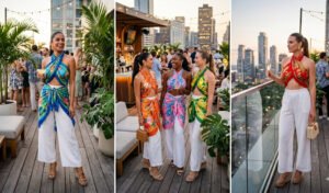 A 3-panel evening wear collage of women at a rooftop party wearing custom-tied tropical print sarong halter tops, flowy wide-leg white linen pants, and strappy wedge heels.