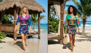 Two women mixing Y2K textures by wearing jewel-toned tropical satin wrap tops paired with quick-drying mini board skirts near a beach cabana.