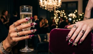 A maximalist, over-the-top deep fuchsia manicure completely embellished with heavy 3D gemstone clusters, pearls, and metallic charms.