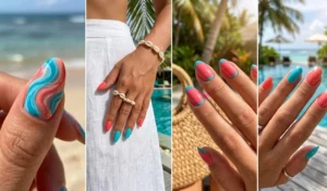 Four-panel collage of tropical vacation-ready coral and turquoise nail designs, including ocean wave swirls, solid alternating colors, and reverse French manicures.