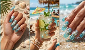 Three photos displaying translucent aqua-blue jelly nails, heavily embellished with oversized faux pearls, crushed seashells, and golden starfish for a coastal baddie aesthetic.