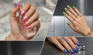 Trendy nail art featuring vibrant neon French tips burnished with holographic metallic chrome powder for a futuristic, reflective finish.
