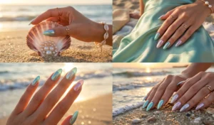 A 4-panel split screen showing iridescent chrome Mermaidcore nails in seafoam green and pearly lavender, styled with seashells and a satin slip dress at the beach.