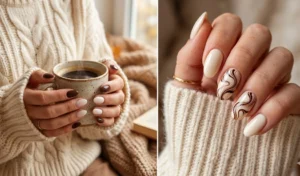 Two-panel collage showing cozy latte makeup inspired nail art with espresso brown and creamy vanilla gradients and swirl designs.
