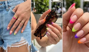 A 3-panel image displaying bright neon mismatched French tip nails with orange, pink, and lime green colors, paired with casual denim shorts and stylish sunglasses.