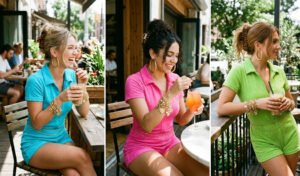 A 3-panel collage of women wearing vibrant terry cloth rompers accessorized with gold belly chains, chunky jewelry, and claw clips in a stylish summer cafe setting.