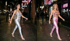 Split screen image of two women wearing shimmering metallic faux-leather pants and fully sequined bandeau tops for an edgy, light-reflective 2000s evening street style look.