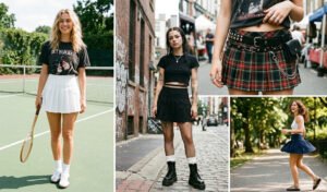 A 4-panel grid showcasing micro-mini pleated tennis skirts styled with chunky footwear and graphic tees for an authentic Y2K aesthetic.