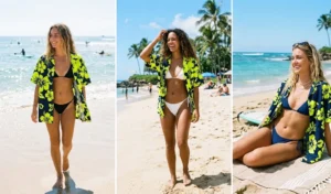 Three women modeling oversized neon Hawaiian cabana shirts styled completely open over string triangle bikinis on a bright, sunny beach.
