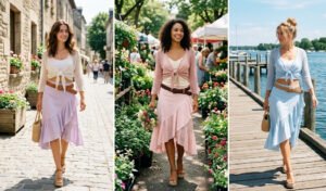 A 3-panel collage featuring women wearing asymmetrical diagonal ruffle skirts layered with sheer tie-front cardigans and platform wedge sandals for a breezy Y2K summer day.