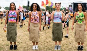 A 4-panel grid featuring women in custom airbrushed halter tops and olive green midi-length cargo skirts, styled with chunky hoop earrings for a casual 2000s aesthetic.