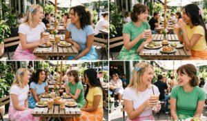 A 4-panel aesthetic grid of friends having outdoor brunch, wearing pastel tropical print slip skirts, solid ribbed baby tees, and butterfly claw clips in their hair.