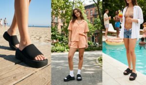 A 3-panel visual of black chunky foam platform sandals worn at the beach, highlighting practical and comfortable early 2000s summer footwear.