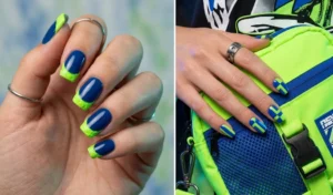 Split image showing modern cobalt blue and neon lime green nail art, featuring chunky French tips and high-contrast color blocking.