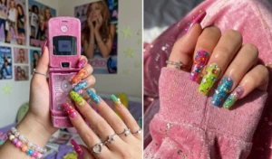 A 2-panel split image of Y2K McBling rhinestone rainbow nails featuring neon colors and crystal charms, styled with a pink flip phone and velvet tracksuit.