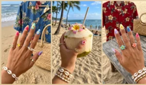 A 3-panel collage of Coconut Girl floral mix nails featuring hand-painted hibiscus and daisies on pastel bases, styled with seashell bracelets and a woven straw tote bag.
