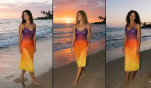 Three women walking on the beach at dusk wearing Y2K sunset ombre slip dresses that transition from deep purple to fiery orange and yellow.