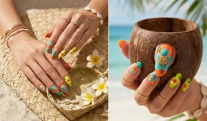 Close-up of almond-shaped nails featuring hand-painted neon Hawaiian hibiscus flowers and gold micro-beads, perfect for a tropical Coconut Girl manicure.